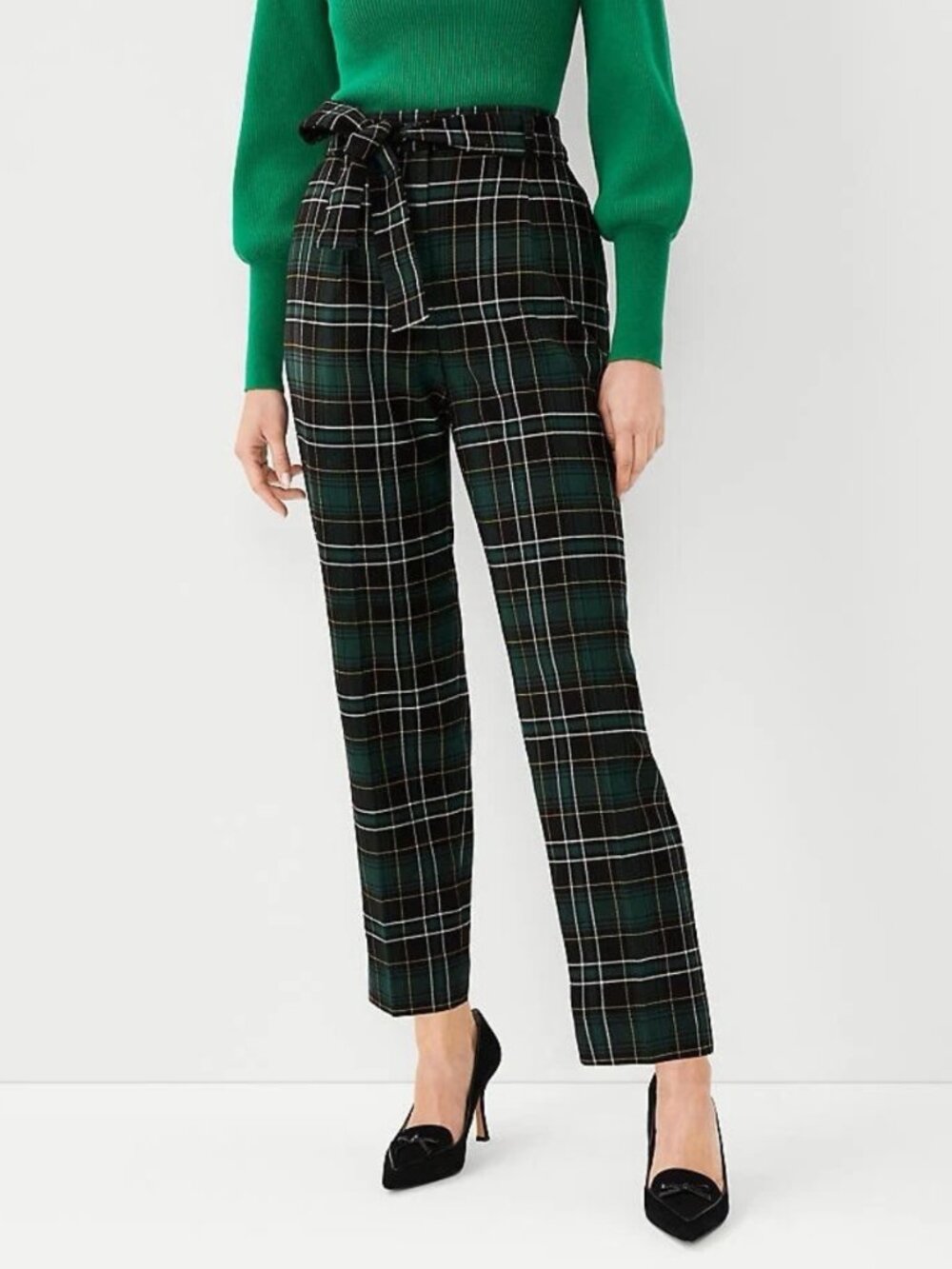 NWT Ann Taylor The High Tie Waist Ankle Green Tartan Plaid Pant Pockets, size 10
